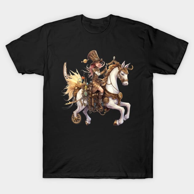 Pink Haired Steampunk Rider: On Her Mechanical Steed T-Shirt by MerlinArt